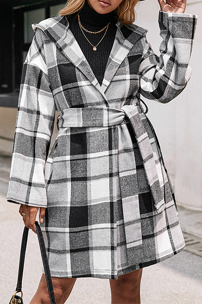 Fashion Elegant Geometric Pocket With Belt Hooded Collar Outerwear