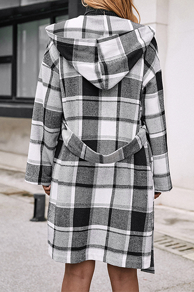 Fashion Elegant Geometric Pocket With Belt Hooded Collar Outerwear