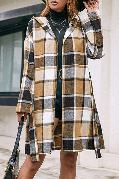 Fashion Elegant Geometric Pocket With Belt Hooded Collar Outerwear