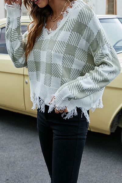 Casual Plaid Tassel  Contrast V Neck Tops Sweater