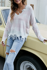 Casual Plaid Tassel  Contrast V Neck Tops Sweater