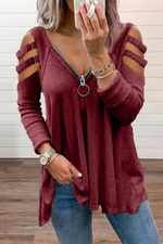 Casual Solid Hollowed Out Zipper V Neck Tops