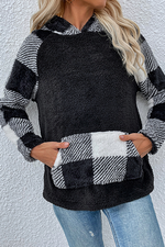 Casual Plaid Pocket  Contrast Hooded Collar Tops