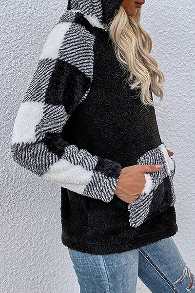 Casual Plaid Pocket  Contrast Hooded Collar Tops