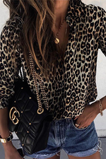 Fashion Leopard Split Joint Buckle Turndown Collar Tops(4 colors)