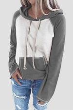 Casual Patchwork Draw String Pocket Hooded Collar Tops