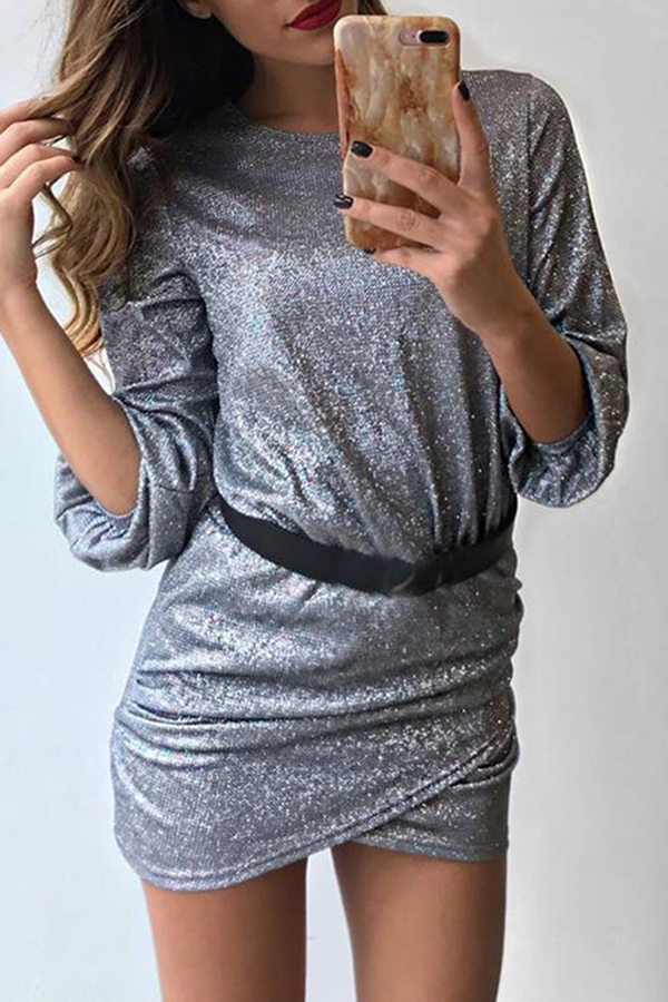 Fashion Solid Sequined Asymmetrical O Neck Pencil Skirt Dresses