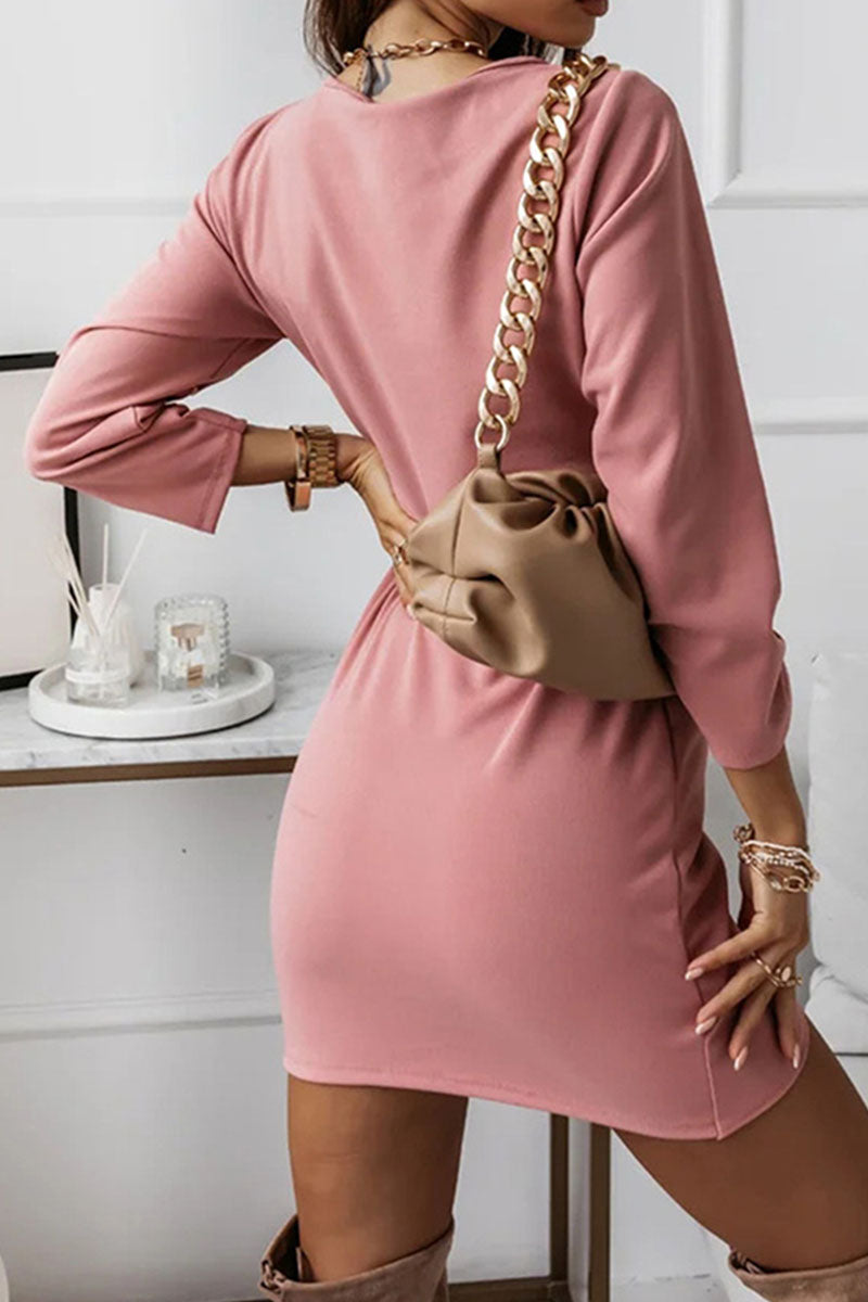 Fashion Elegant Solid Split Joint Fold V Neck Pencil Skirt Dresses(4 colors)