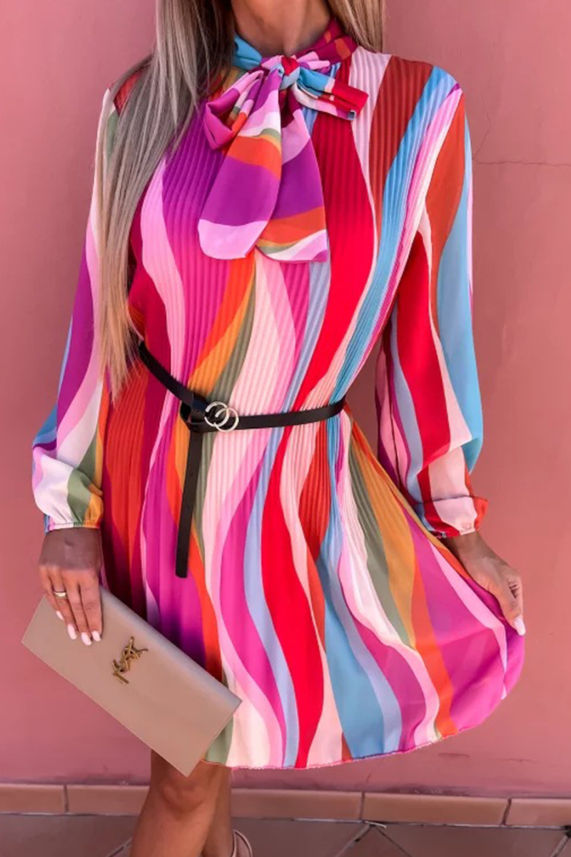 Flowly Rainbow Stripe Tie Neck Mini Dress