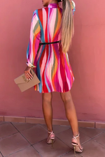 Flowly Rainbow Stripe Tie Neck Mini Dress