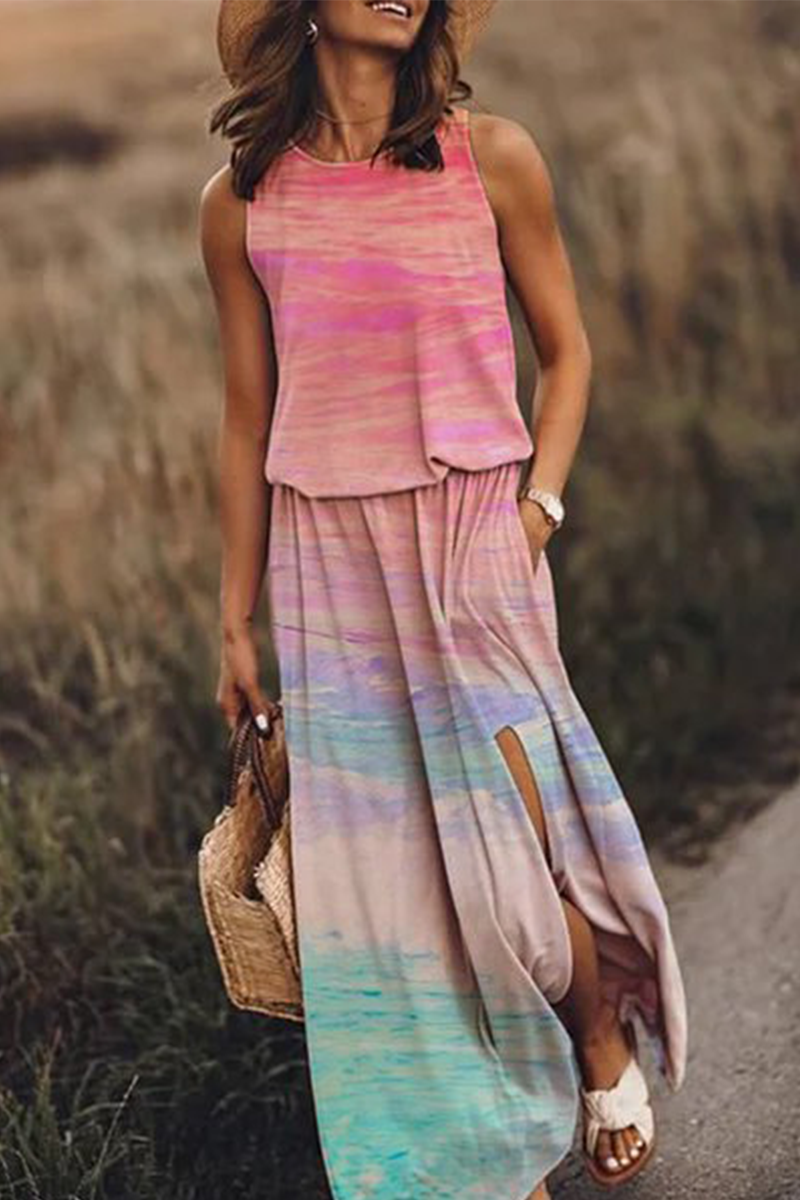 Casual Print Split Joint O Neck Waist Skirt Dresses(8 colors)