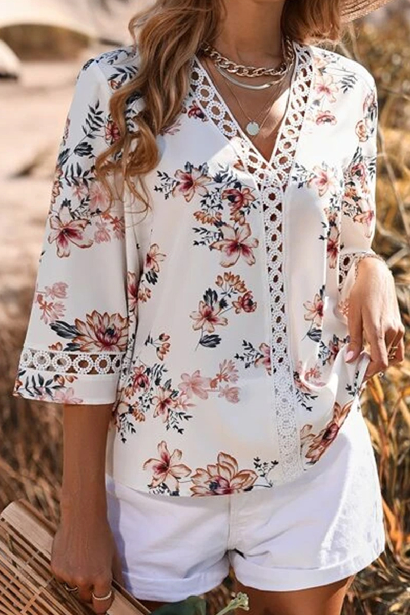 Casual Print Patchwork V Neck Tops