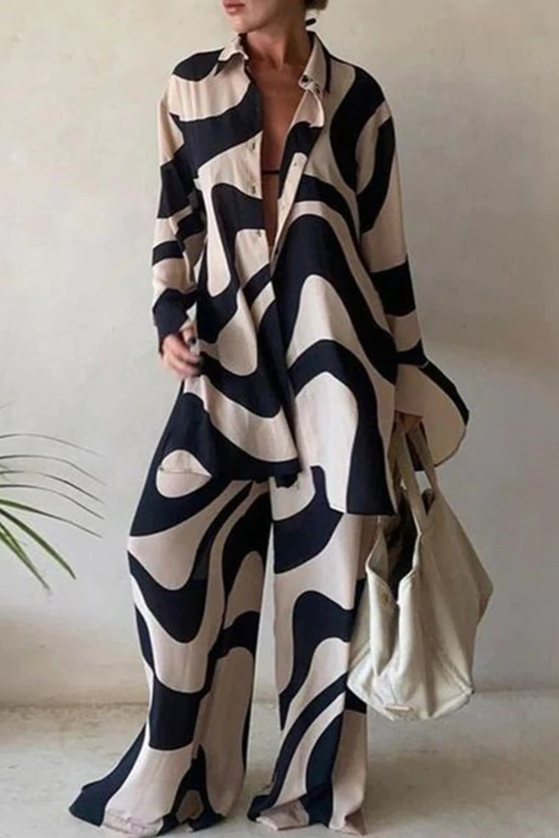 Casual Print Patchwork Turndown Collar Long Sleeve Two Pieces