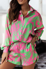 Casual Print Patchwork Turndown Collar Long Sleeve Two Pieces(6 colors)