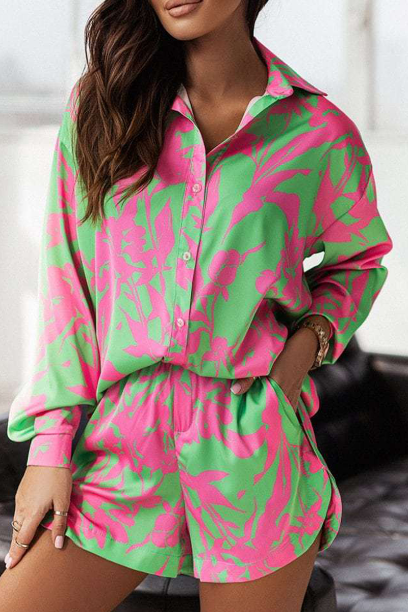 Casual Print Patchwork Turndown Collar Long Sleeve Two Pieces(6 colors)