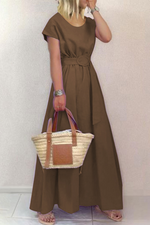 Fashion Solid Patchwork O Neck Waist Skirt Dresses(6 colors)