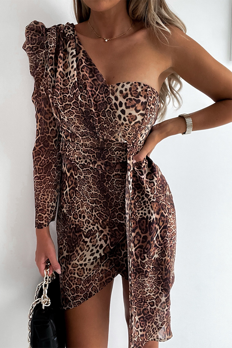 Animal Print One Shoulder Mini Dress