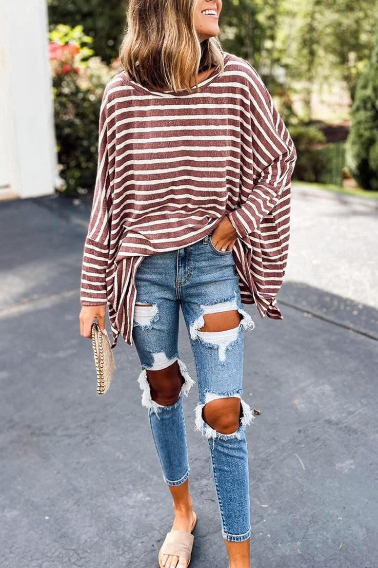 Daily Simplicity Striped Pullovers O Neck Tops