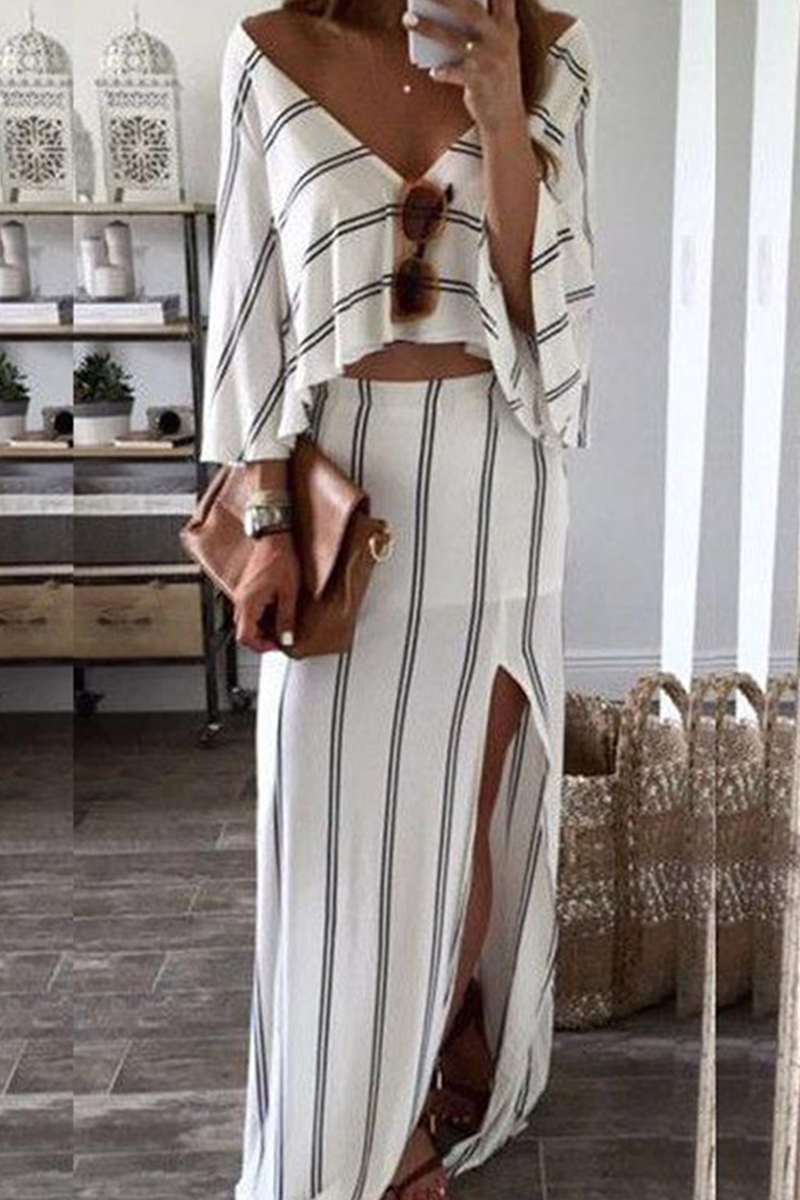 Fashion Striped High Opening V Neck Long Sleeve Two Pieces