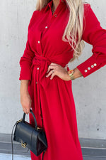 Single Breasted Tie Waist Midi Shirt Dress