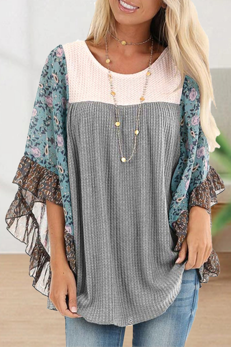 Casual Print Contrast O Neck Tops