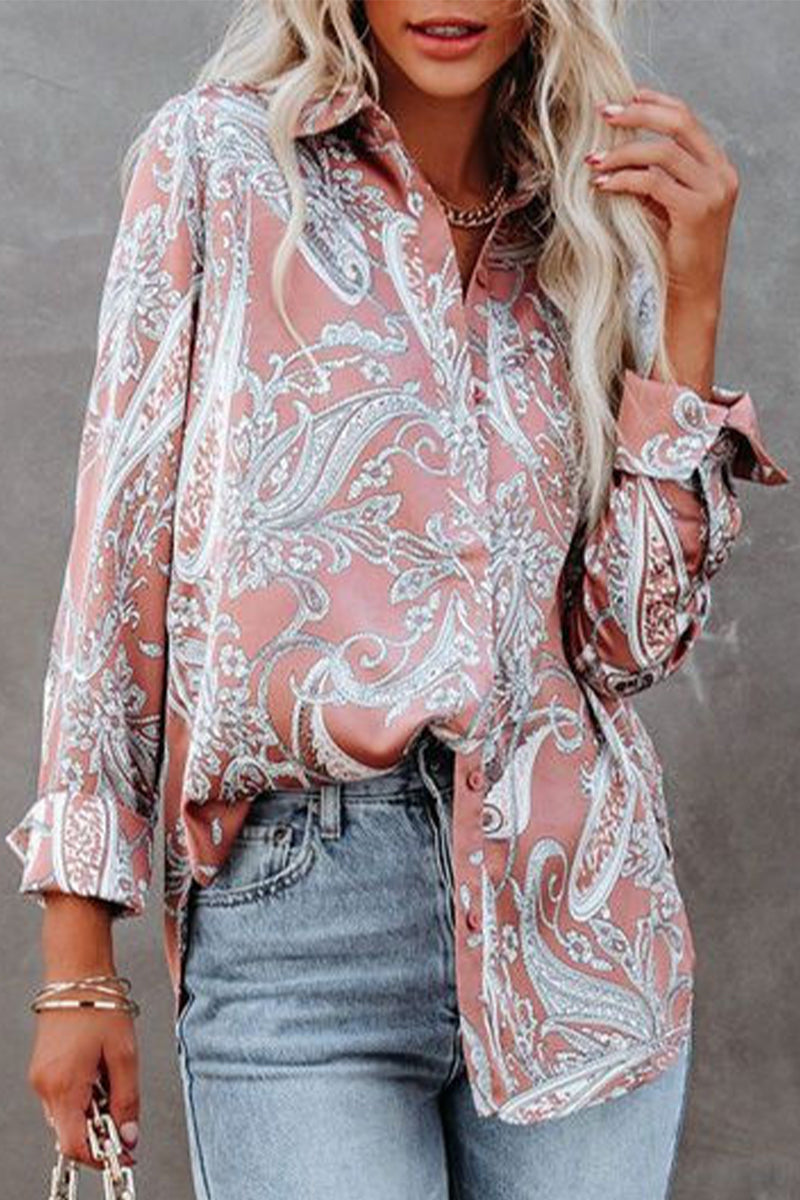 Bohemian Print Patchwork Printing Turndown Collar Tops