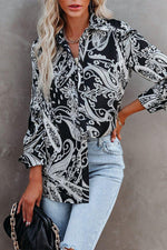 Bohemian Print Patchwork Printing Turndown Collar Tops