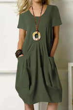 Casual Simplicity Solid Pocket O Neck Short Sleeve Dress(4 Colors)