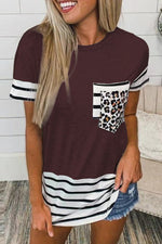 Casual Striped Leopard Patchwork Pocket T-Shirts(10 Colors)