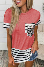 Casual Striped Leopard Patchwork Pocket T-Shirts(10 Colors)