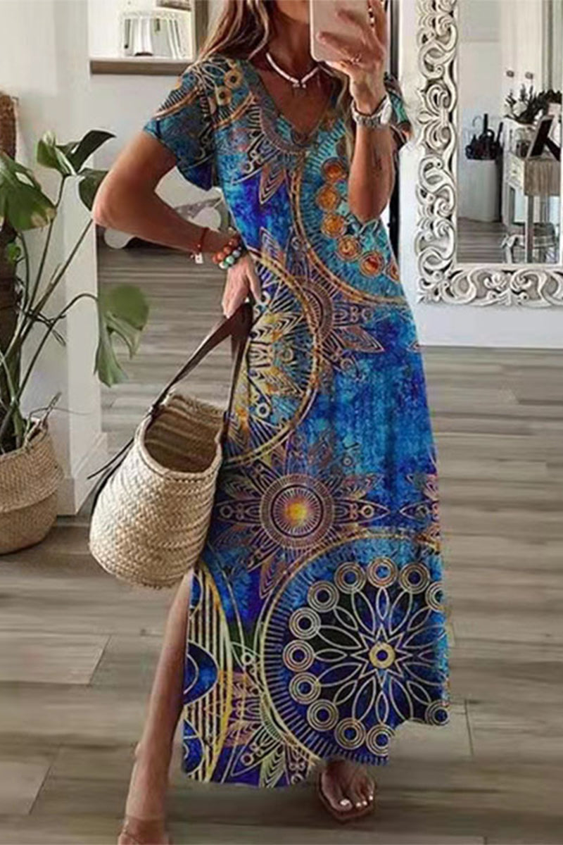 Casual Mixed Printing Patchwork Slit Printed Dress Short Sleeve Dress