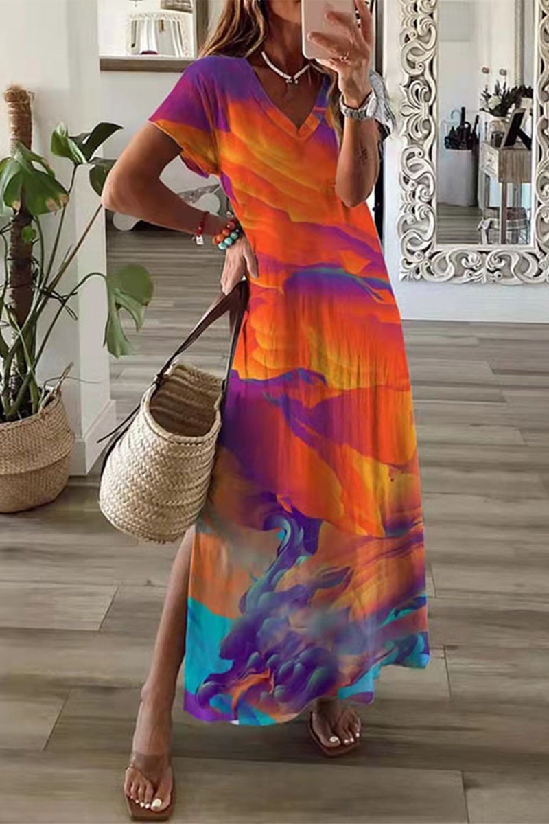 Casual Mixed Printing Patchwork Slit Printed Dress Short Sleeve Dress