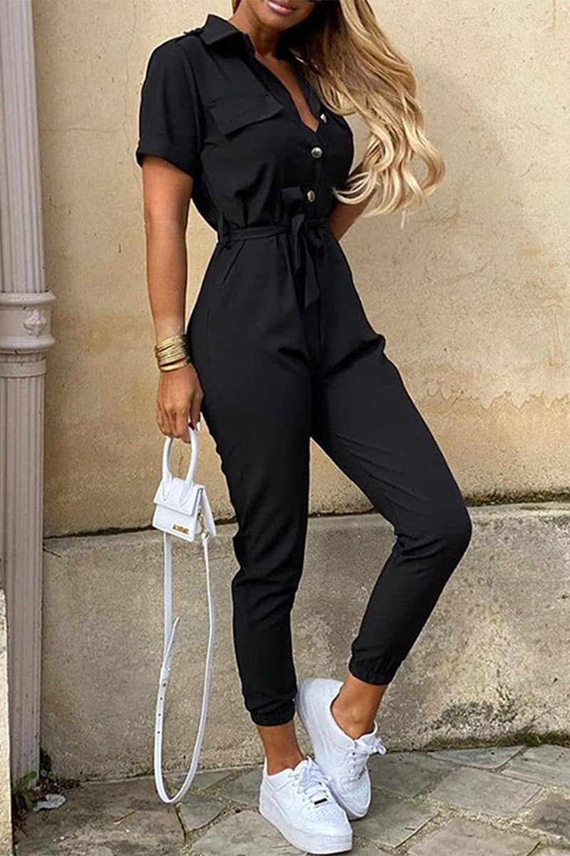 Casual Daily Solid Frenulum With Belt Turndown Collar Regular Jumpsuits