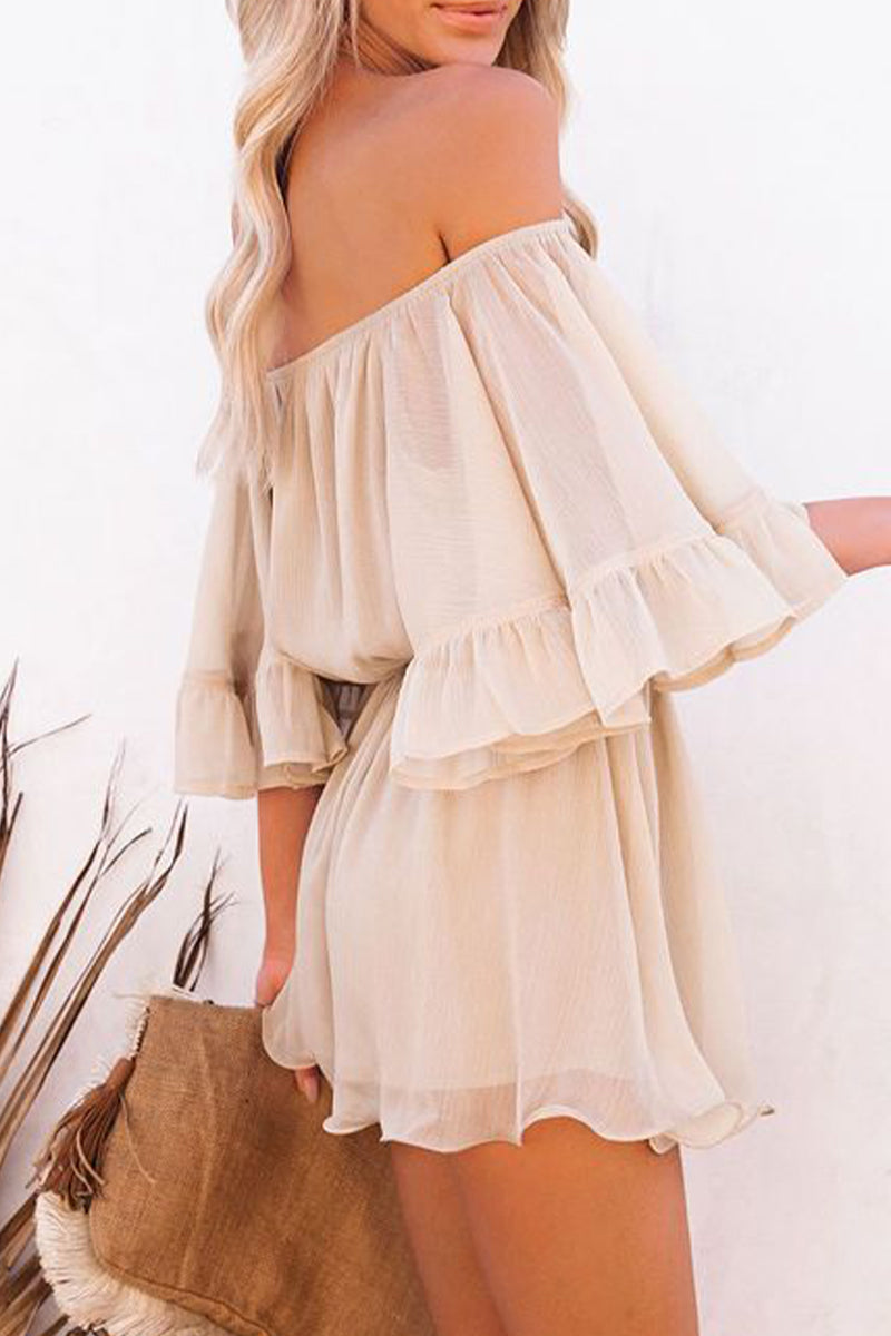 Casual Daily Solid Patchwork Flounce Off the Shoulder Loose Jumpsuits