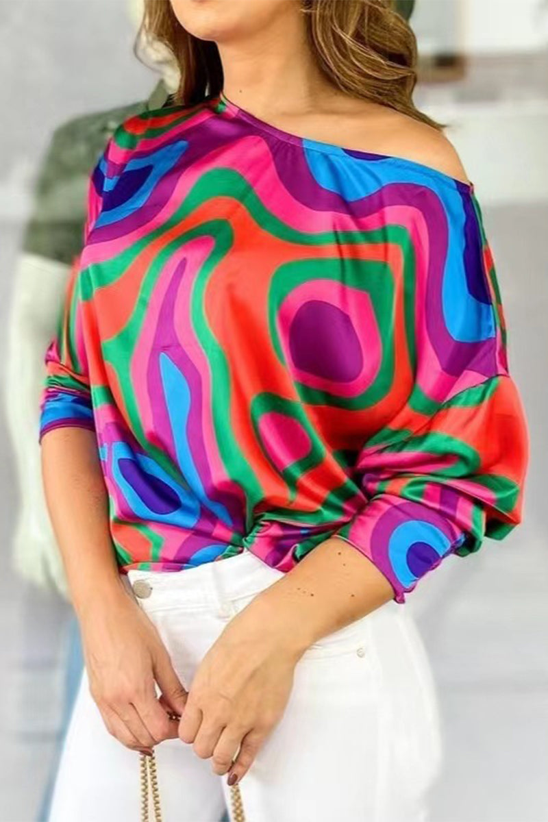 Work Elegant Print Patchwork Oblique Collar T-Shirts