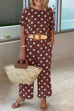 Casual Polka Dot Patchwork O Neck Short Sleeve Two Pieces