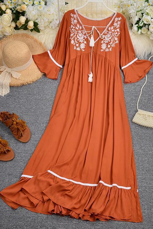 Embroidery Flares Sleeve Maxi Dress