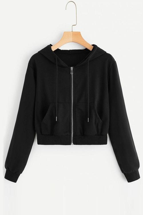 Pockets Zipper Hoodie Crop Jackets