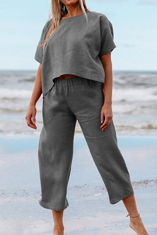 Solid Short Sleeve Pullover Top Elastic Waist Cropped Pants Set