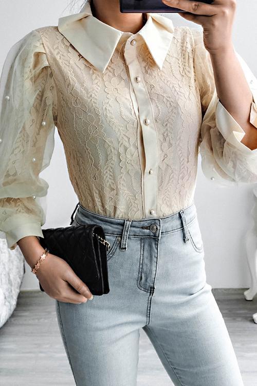 Lace Pearl Puff Sleeve Blouse