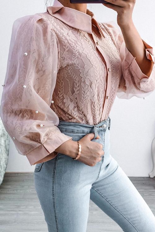 Lace Pearl Puff Sleeve Blouse