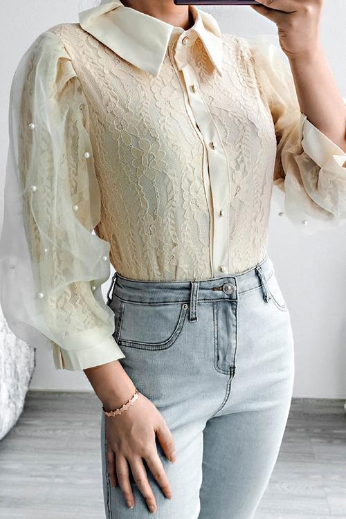 Lace Pearl Puff Sleeve Blouse