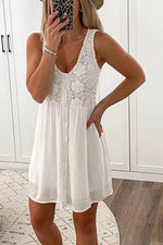 Lace Patchwork Button Sleeveless Mini Dress