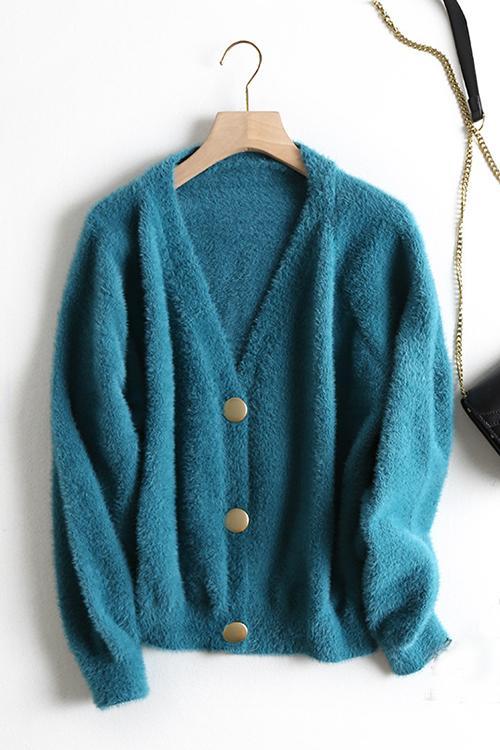 Fuzzy Button V Neck Cardigan