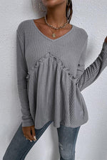 Solid Color V-neck Ruffled Ribbed Knit Bottoming Shirt