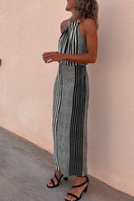 Halter Sleeveless Waisted Striped Maxi Dress