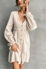 Solid Color V-neck Button Wooden Ears Long Sleeve Shirt Dress