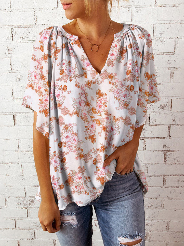 Casual Floral Print V-Neck Short Sleeve Oversize Top Blouse
