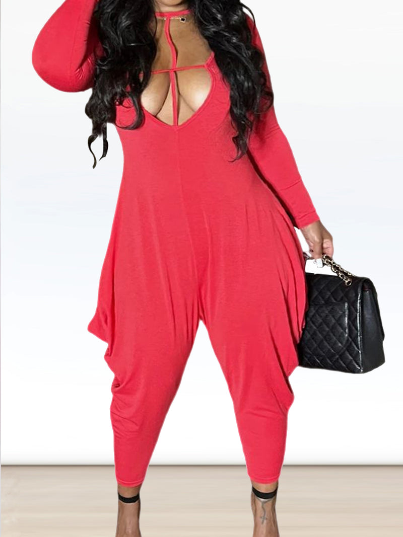 Solid Hollowed Out  Long Sleeve V Neck Loose Jumpsuit