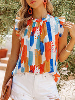 Multicolor Round Neck Ruffle Sleeze Blouse Top